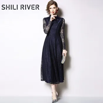 

New spring autumn lace midi dress for women a line long sleeve slim elegant pleated swing embroidered dress vintage red blue