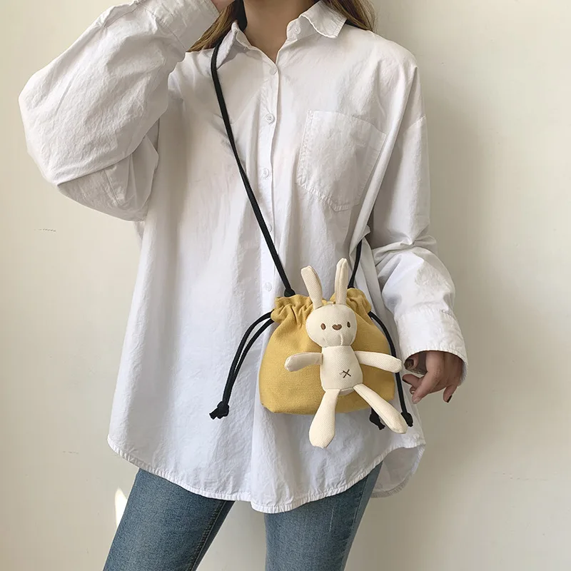 

2019 New Style Cute Doll Canvas Bag Women's Korean-style INS GIRL'S Shoulder Drawstring Small Bucket Bag