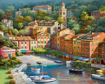 

Sea Romantic City Architectural Scenery DIY Oil Painting By Numbers Hand-filled Living Room Bedroom Decoration Painting Cheap