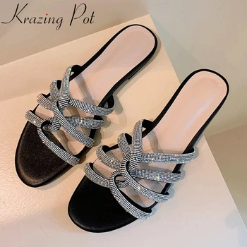 

Krazing pot 2020 hot sale rhinestone high fashion peep toe outside slipper European design young lady slip on shoes women L53