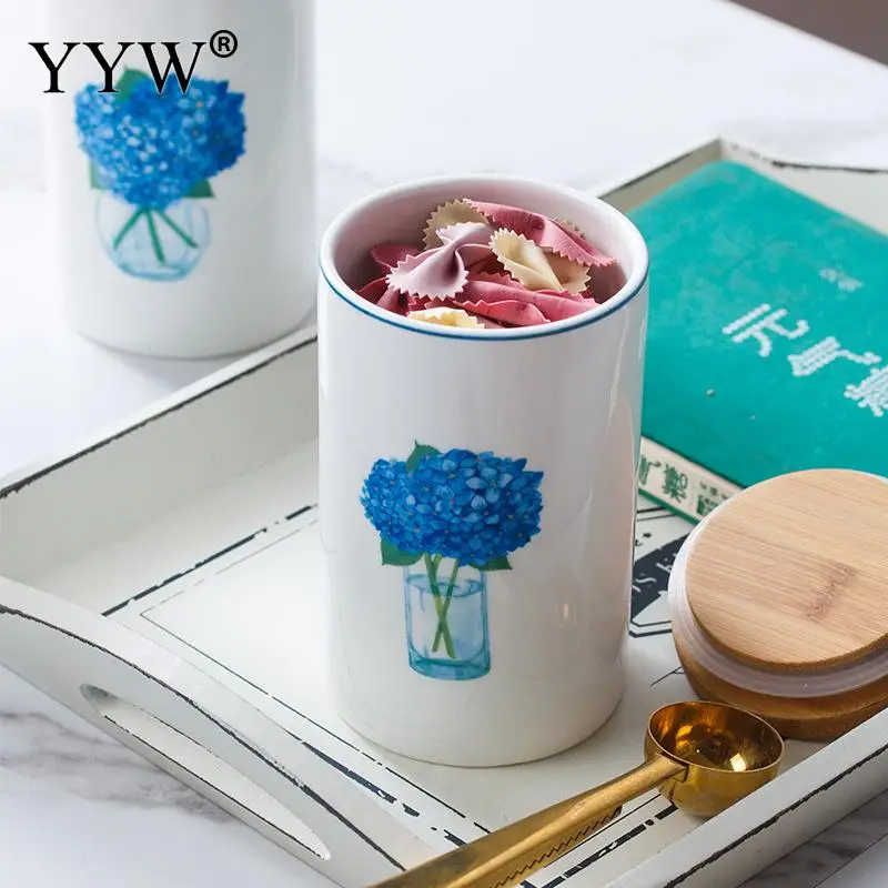White Ceramic Jars Seal Cans With Wood Cover Kitchen Food Storage Bottles Mason Spice Jars Candy For Storage Banks Tea Box Can