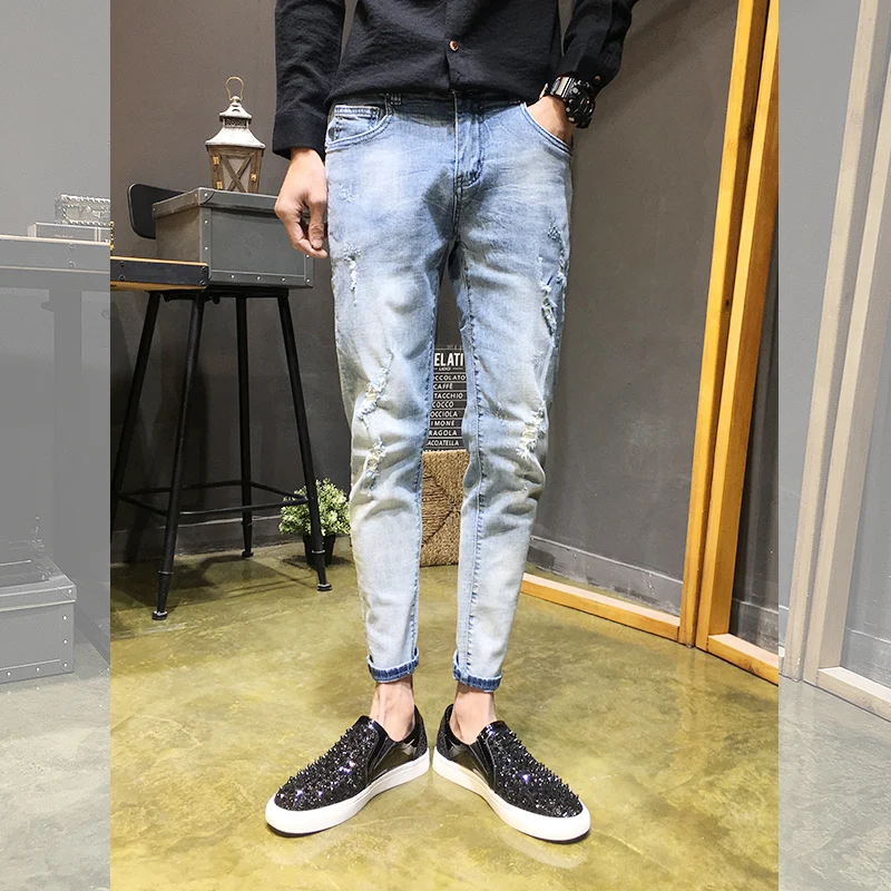 Lente облегающие повседневные джинсы, Mannen Zomer Nieuwe Mannen, облегающие джинсы Mode Lichtblauw Gat, джинсы Broek Denim broek