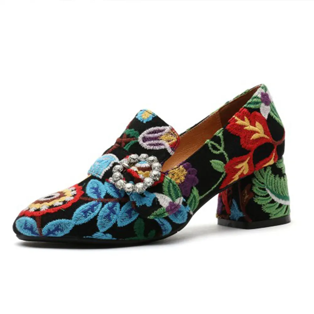 

New Gorgeous Retro Embroidery Medium Chunky Heels Women's Pointed Toe Slip on Stilettos Party Wedding Pumps