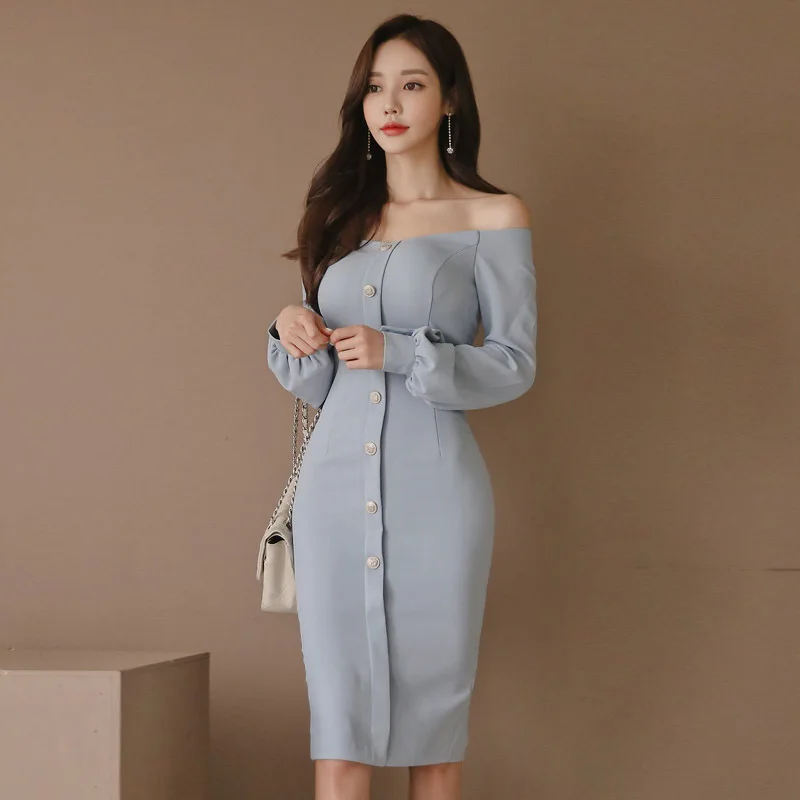 

2018 Autumn And Winter New Style Korean-style-Horizontal Neck off-Shoulder Single Breasted Sheath Slimming Long-sleeved Dress