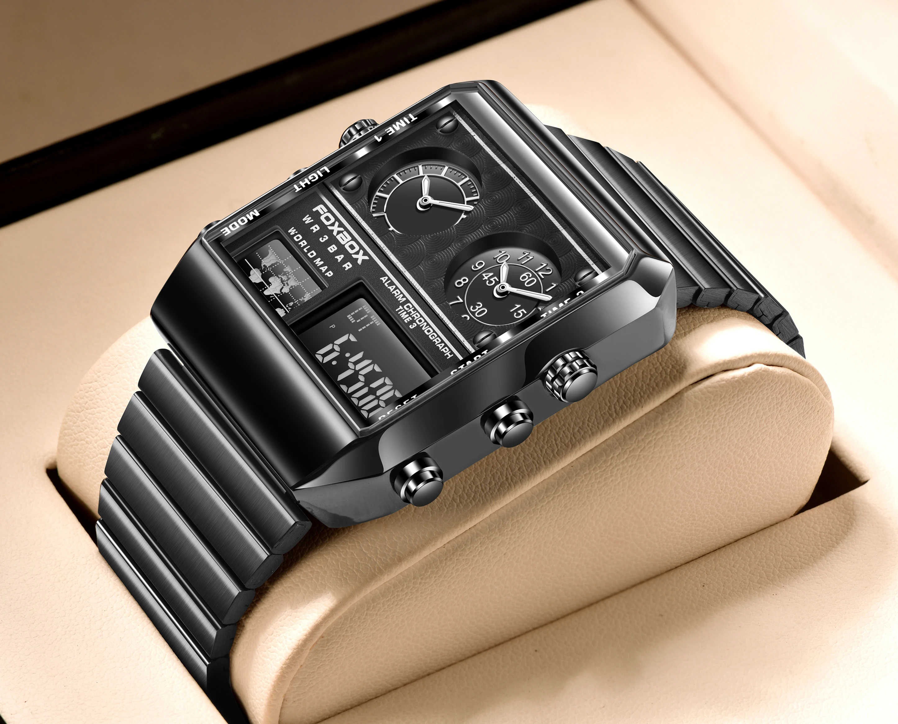 Montre carrée créative pour hommes, montre-bracelet en acier inoxydable doré, étanche, à Quartz, horloge numérique_voghion.com