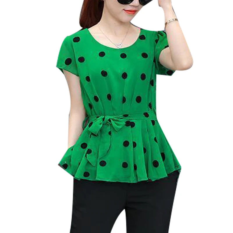 

Женская шифоновая блузка, в горошек, с оборками, с круглым вырезом, в Корейском стиле, весна-лето, DD9109