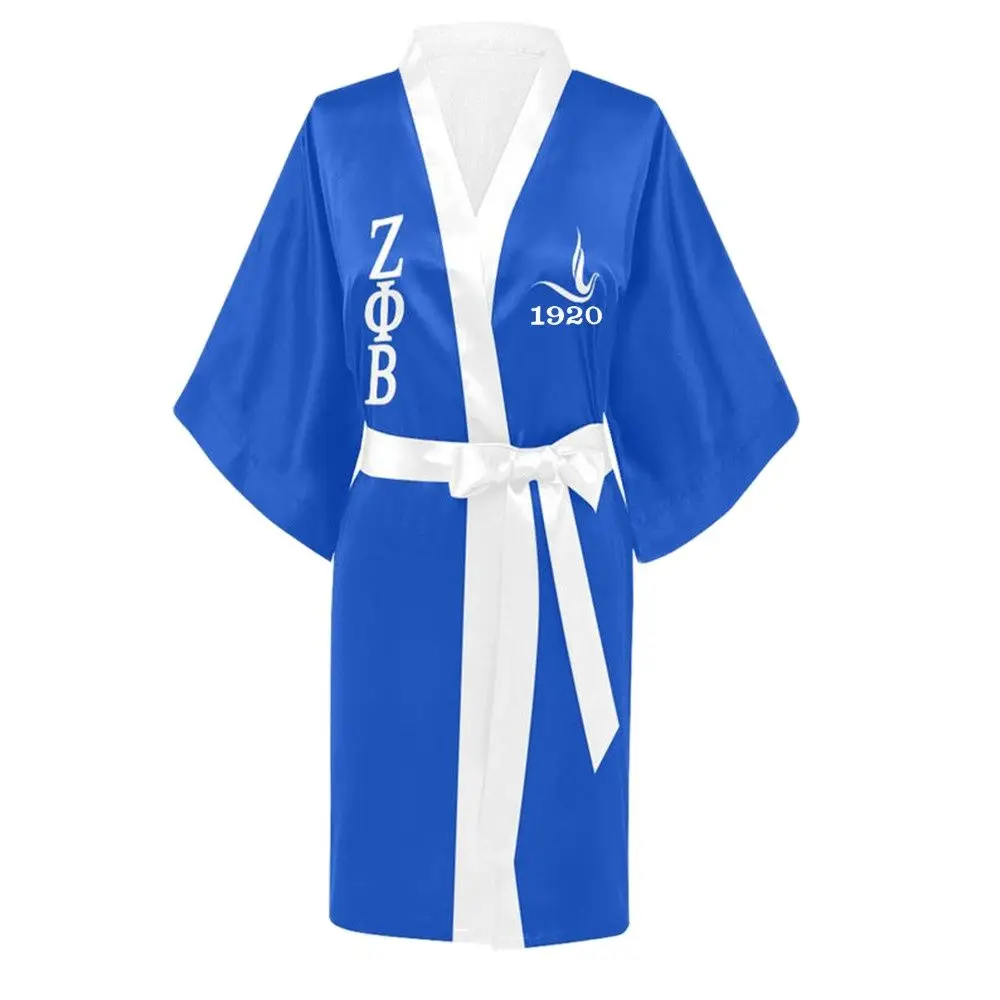 На заказ греческая буква Sorority Белый Синий Zeta PHI Beta халат для сна Шелковая пижама с