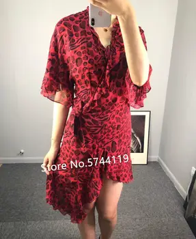 

Top quality Red Leopard Print ruffle Lady Dress irregular lace-up slim V-neck fasion women mini dress