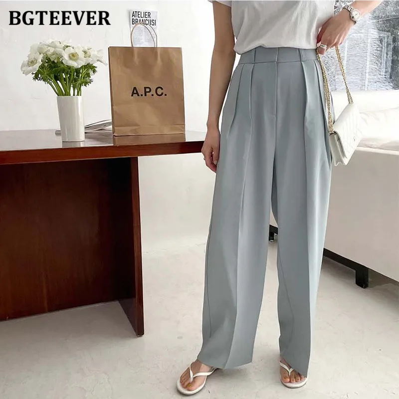 

BGTEEVER Summer Ladies Wide Leg Trousers Casual High Waist Loose Female Floor-Length Pants Elegant Women Solid Suit Pants 2021