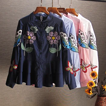 

European Style Blouse Women Spring and Autumn Embroidered Ruffle Doll Shirt Long Sleeve Slim-Fit Shirt Women's Blouse Blusa Tops