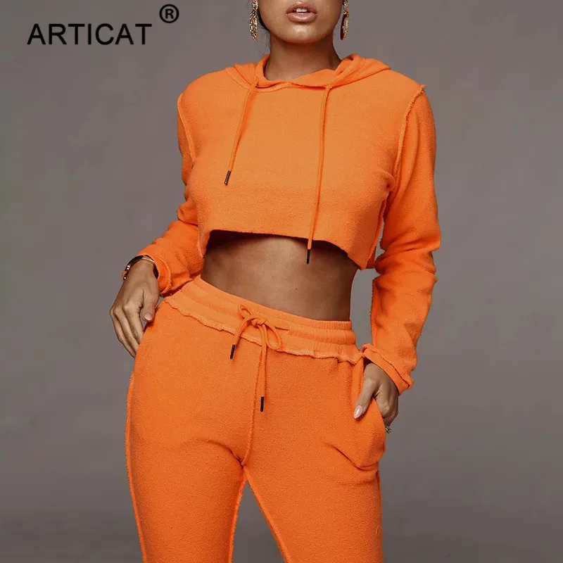 

Articat Hooded Sexy Jumpsuit For Women 2019 Autumn Two Piece Long Sleeve Pockets Jogger Set Drawstring Casual Sport Jumpsuits