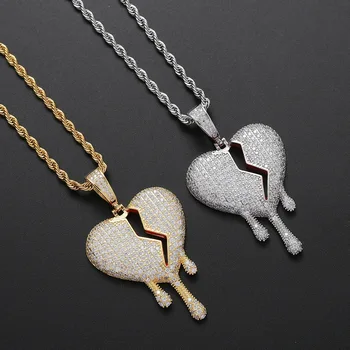 

Hip Hop Iced Out CZ Stone Bling Broken Heart Pendants Necklace for Men Women Rapper Jewelry Gold Color Drop Shipping