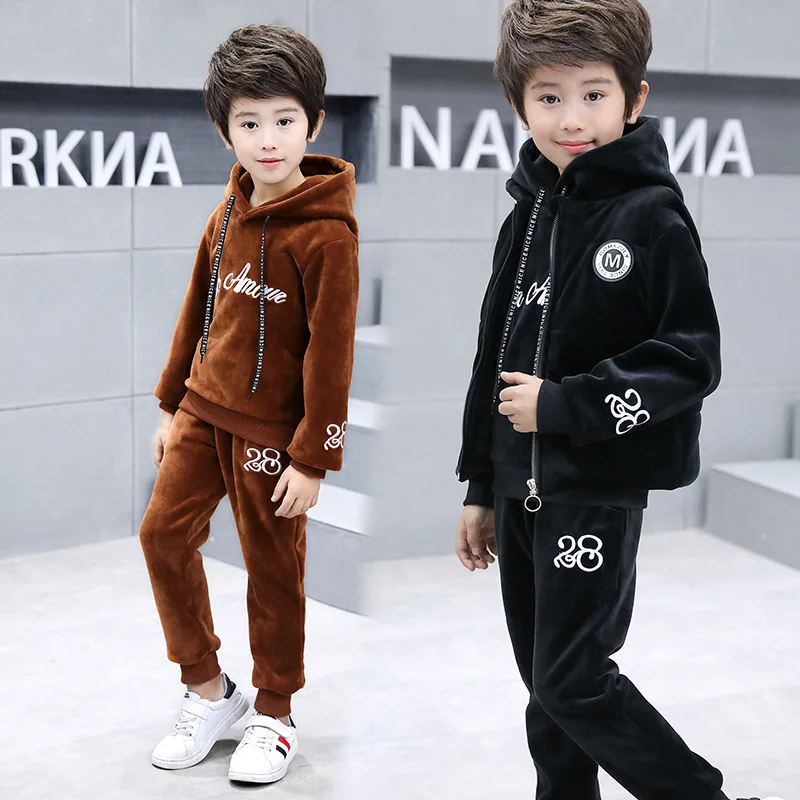 

2018 Autumn And Winter New Style Gold Velvet plus Velvet Hoodie BOY'S Suit Children Double-sided Plush Two-Piece Set