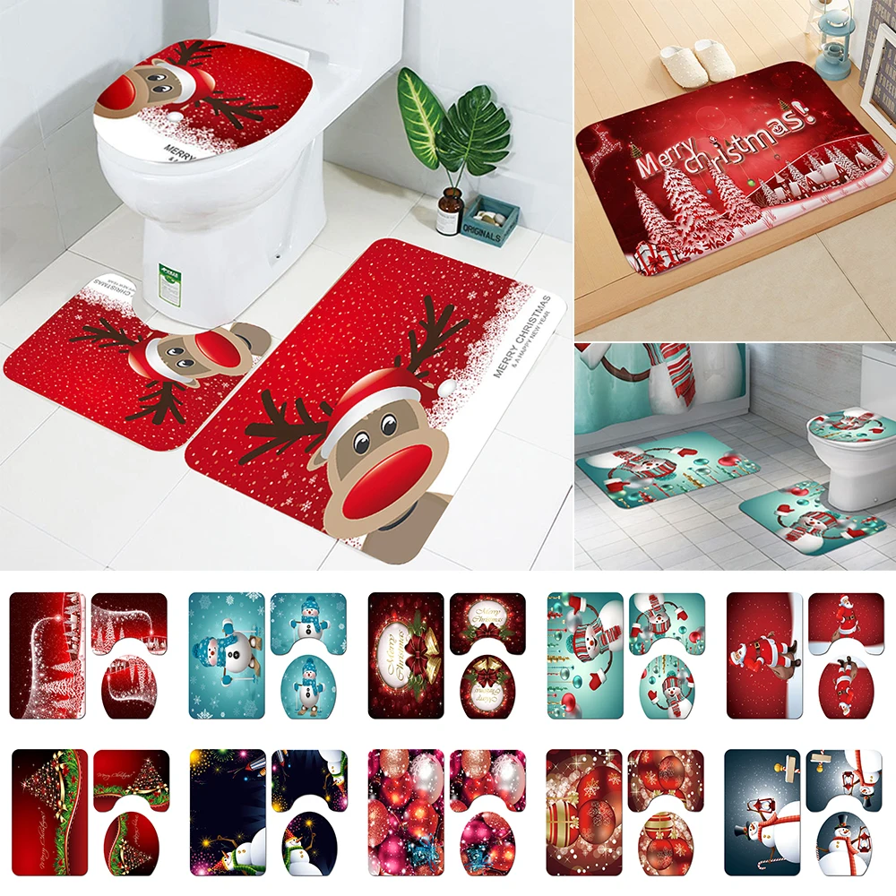

3PCS Christmas Bathroom Non-Slip Pedestal Rug + Lid Toilet Cover + Bath Mat Set New Patterns Novel Christmas Toilet Seat Cover