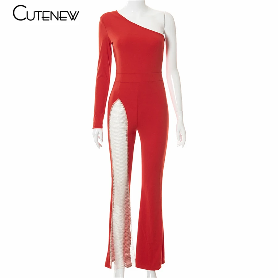 Sexy Mesh Patchwork One Shoulder Playsuits Women Elegant Solid Skinny Flare Pants Jumpsuit Fashion Lady Party Streetwear 7 Sexy Mesh Patchwork One Shoulder Playsuits Women Elegant Solid Skinny Flare Pants Jumpsuit Fashion Lady Party Streetwear