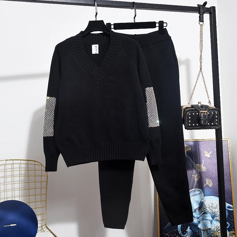 

Knitted Tracksuits Women Sequins sleeve Sweater + Long Pencil Pants Female 2 Piece Set Loose Knitting Pullover Trousers Outfits