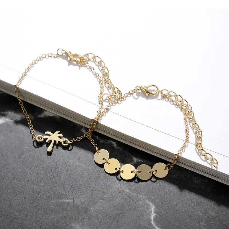 Boho ножные браслеты «сердце» для женщин модные Очаровательные золотые карты дерева ножной браслет с блестками и браслет мужские вечерние ювелирные изделия Многослойные Pulseras Mujer