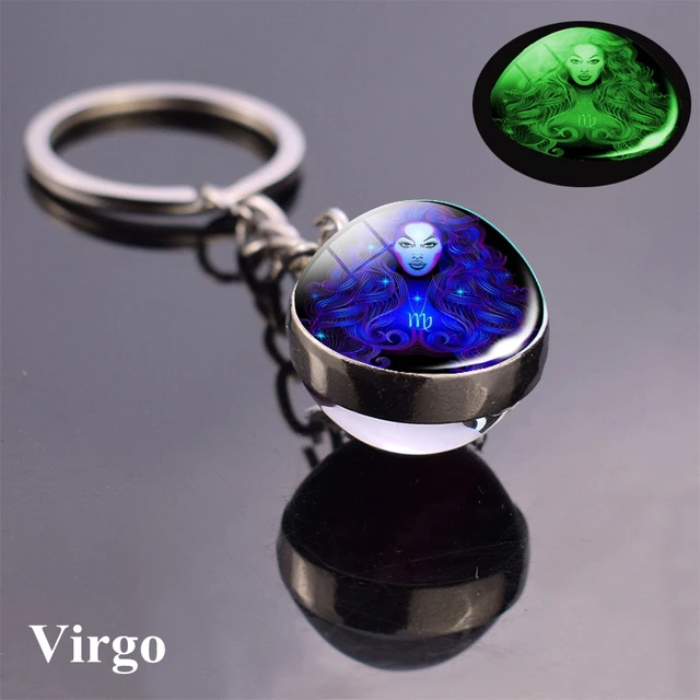 12 Constellation Luminous Keychain Glass Ball Pendant Zodiac Keychain Glow In The Dark Key Chain Holder Men Women Birthday Gift Virgo Blue