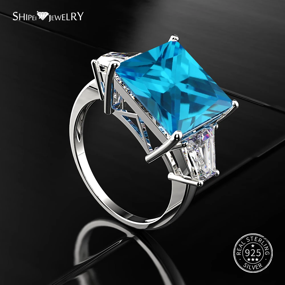 Shipei квадратное созданное муассанитовое кольцо для женщин 925 пробы Серебряное обручальное кольцо с драгоценным камнем квадратное кольцо принцесса - Цвет камня: lightBlue