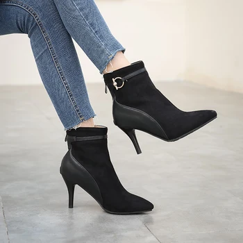 

Big Size 48 Pu Leather Boots for Women Zipper High Heels Shoes Spring Autumn Black Beige Footwear Female Ankle Boots