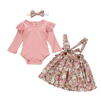 

New 3Pcs Autumn Baby Girl Clothes Long Flare Sleeve Romper Tops Floral Strap Skirt Headband Kids Clothes Set 0-24M