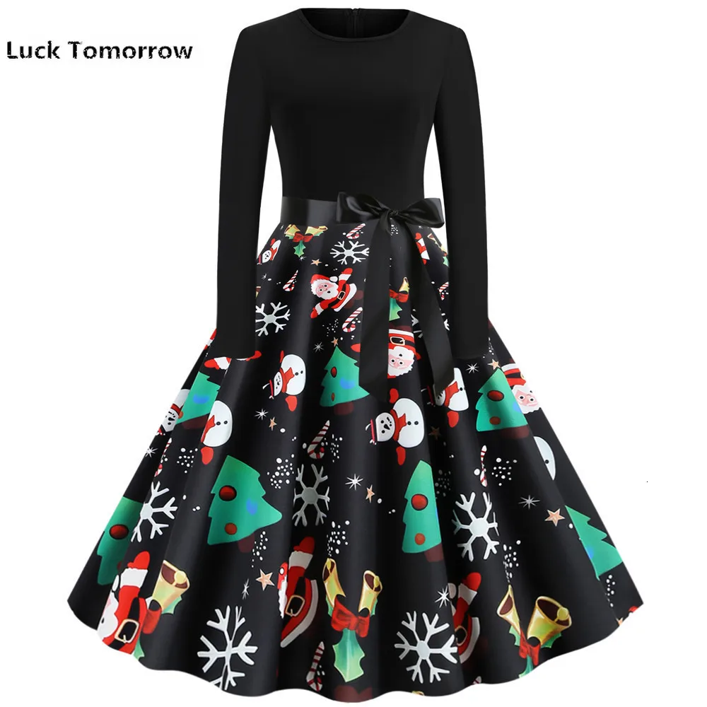 

2019 Women Elegant Vintage Print A-line Party Christmas Dress Plus Size Black Patchwork Long Sleeves Slim Casual Winter Dresses