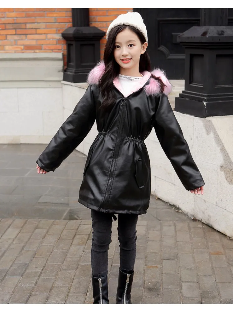 Зимняя теплая плотная куртка для девочек; Детское пальто из искусственной кожи с бархатной подкладкой; ветровка для подростков; длинное детское кожаное пальто для маленьких девочек