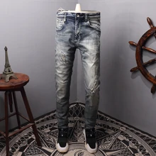 Итальянский стиль, модные мужские джинсы, Ретро стиль, синие потертые рваные джинсы, мужские эластичные облегающие винтажные дизайнерские джинсы, Мужские штаны в стиле хип-хоп