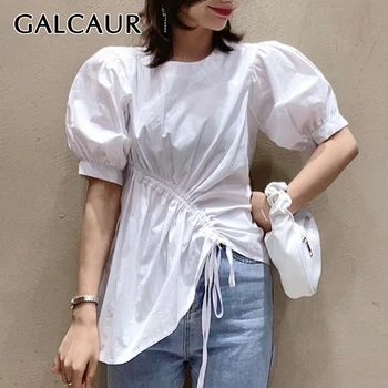 

GALCAUR Drawstring Ruched Lace Up Woman's Shirt O Neck Puff Sleeve Asymmetric Blouse Female Summer Fashion New Clothing 2020