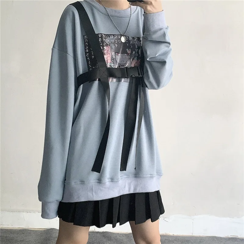 Lychee Harajuku Devil Girl с принтом ленты Лоскутные женские свитшоты весна осень женские Топы повседневные свободные женские пуловеры с круглым вырезом