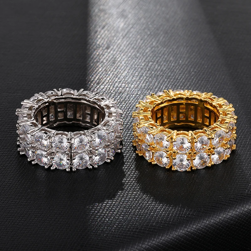 Хип-хоп, 2 ряда, классическое CZ Кольцо-пасьянс, золото/серебро, циркон, шарм, круглое кольцо для мужчин и женщин, ювелирные изделия, размер 8-11