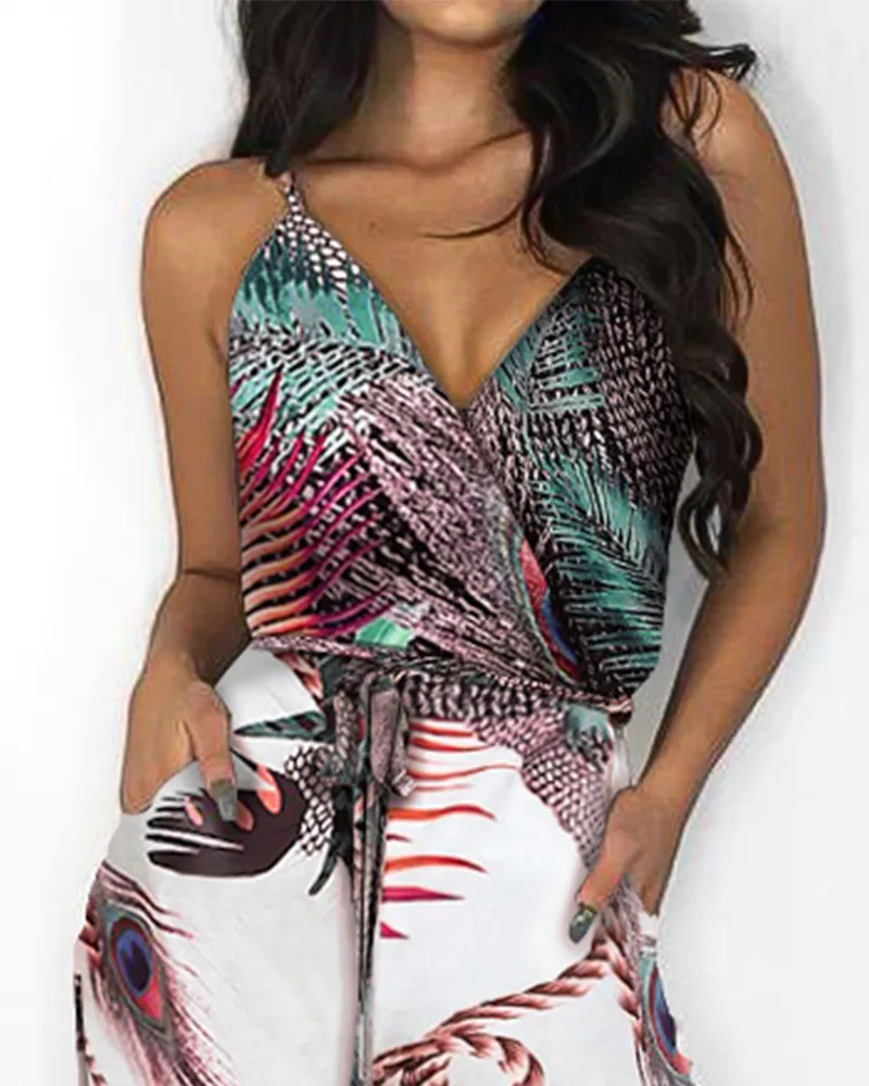 Print Spaghetti Strap Slit Leg Rompers Women Jumpsuit Summer Casual One Piece Overalls Jumpsuits