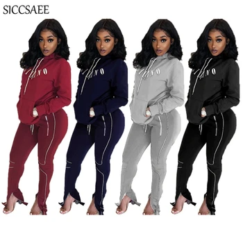 

Letter Hoodies Moleton Feminino Pockets Front Zipper Leg Opening Long Pants Casual 2 Piece Set Women Activewear 2020 Sweat Suit