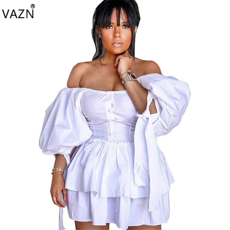VAZN YWJR0672 молодой леди из Примечание пикантные вечерние модные однотонные Slash шеи платье с рукавами фонариками шифон, высокая талия Для женщин мини-платье