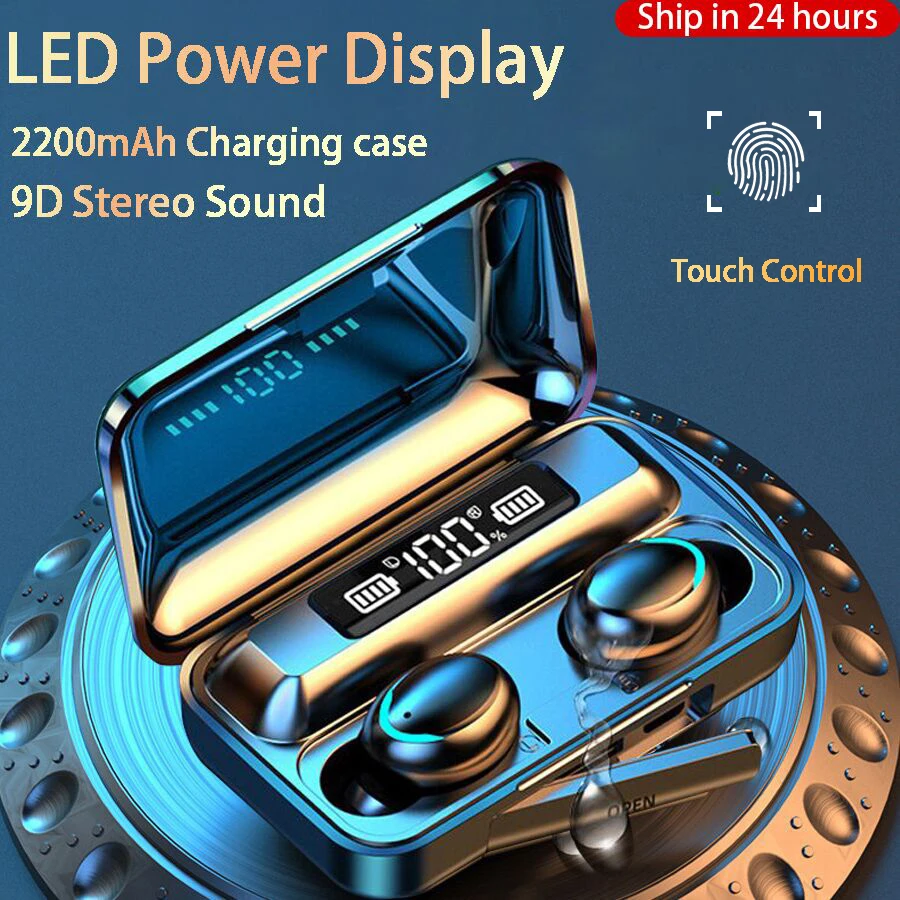 New F9 TWS Bluetooth 5 0 wireless headphones 2200mAh touch control Bluetooth earphone Waterproof sports Headset With Microphone