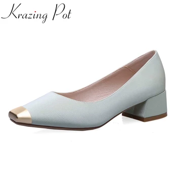 

Krazing pot natural leather square toe high heels shoes women metal decoration daily wear dress shallow slip on women pumps L00