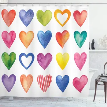 

Grunge Shower Curtain Rainbow Color Heart Shapes Valentine's Day Design Romantic His and Hers Theme Bathroom Decor Set with Hook