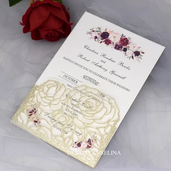 

50pcs Palm Champagne Glitter Pocket Wedding Invitation Invitations, Flower Printing Quinceanera Invites, Bridal Shower Cards