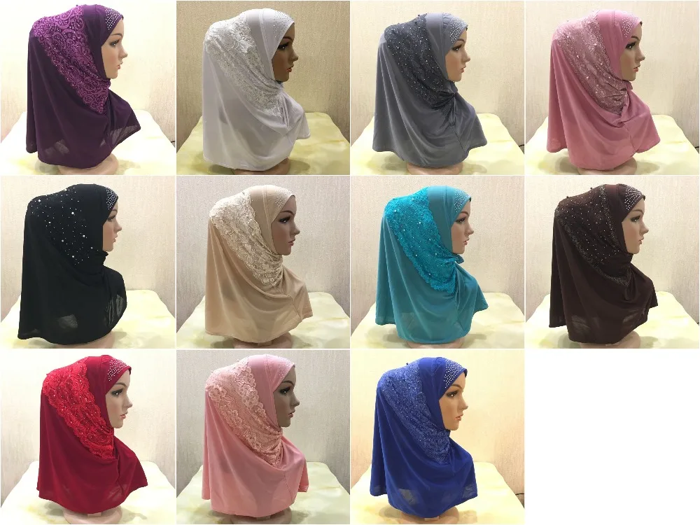 H1333 latest muslim one piece pull on hijab with lace and beads islamic amira muslim scarf arabic headwrap