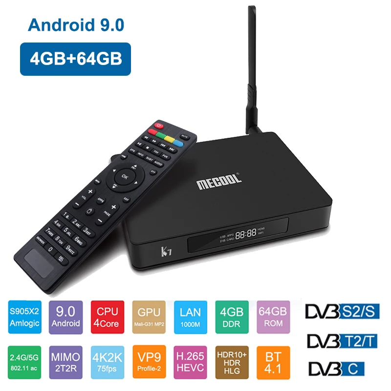 

MECOOL Android 9.0 Set Top Box K7 DVB-S2 DVB-T2 DVB-C 4G 64G Amlogic S905X2 2.4G/5G WiFi USB 3.0 Smart TV Box Media Player