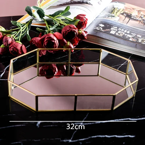 Креативная металлическая стеклянная коробка для хранения ювелирных изделий макияж бытовые продукты для настольного хранения геометрический прозрачный лоток - Цвет: 32x21x5cm
