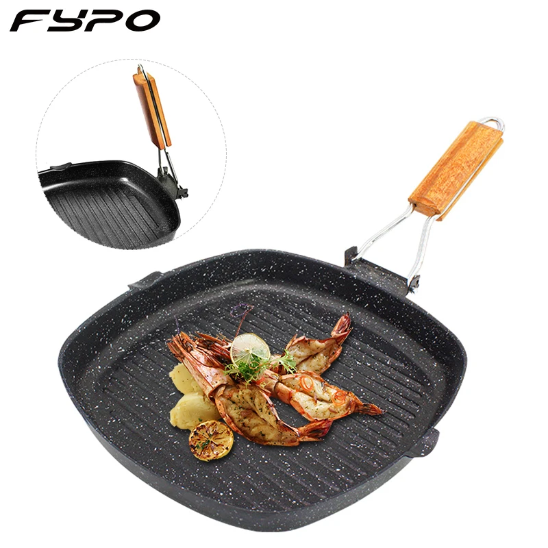 Fypo Cast Iron Steak Grill Pans Non Stick Frying Pan Wooden Handle