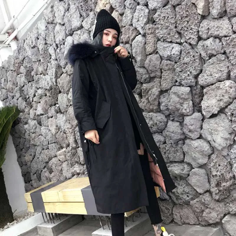 

Winter Warm Down Coat With Real Fur Hooded Women Black Long Feather Down Jacket Warm Parkas Coat Outerwear For Women Plus Size