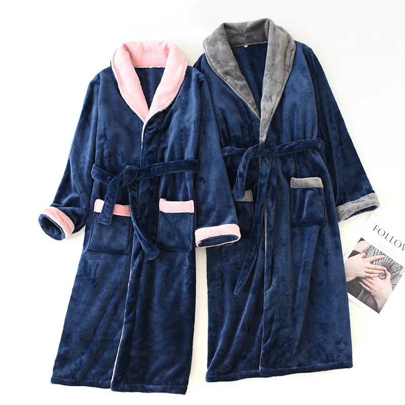 

Men's Women's Flannel Gown Autumn And Winter Thick Solid Color Bathrobe Japanese-style Large Size Couples Coral Velvet jia ju pa
