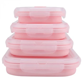 

4 Piece Set Pink Food Grade Silicone Lunch Box Folding Eco-Friendly Food Container Bento Box Collapsible Portable Microwave Food