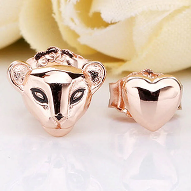 Оригинальные серьги-гвоздики в виде Розы львицы и сердца с черной эмалью для женщин, 925 пробы серебряные серьги, свадебный подарок, ювелирное изделие "сделай сам"