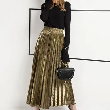 

Hchenli brand 2020 Women large big size golden metal color pleated skirts High quality elegant button