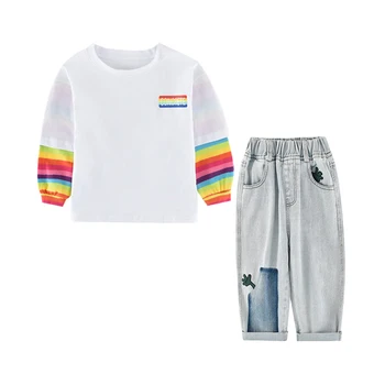 

2020 New Children's Sets Autumn Fashion Clothing Suits Rainbow Pattern Tops and Solid Jeans Pants 2Pcs Patchwork Kids Outfits