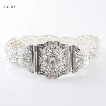 

Aristocratic Round Crystal Hollow Flower Metal Belt Shining Silver Wedding Waist Chain In Morocco Fashion