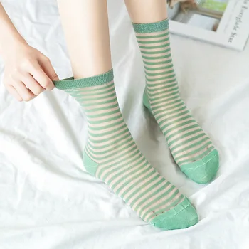 

Striped Crystal Silk Long Socks Women Korean College Style Summer Thin Cool Elastic Ladies Mesh Shiny Sheer Socks Candy Color